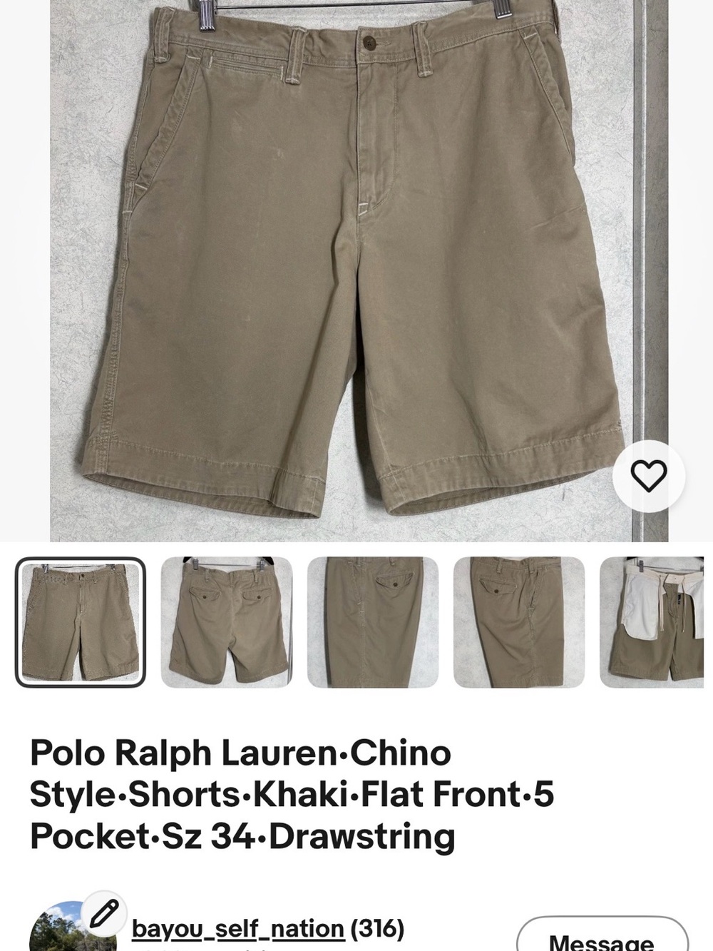 Polo Ralph Lauren•Chino Style•Shorts•Khaki•Flat Front•5 Pocket•Sz 34•Drawstring - Picture 13 of 16